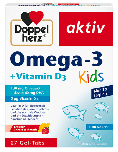 مکمل جویدنی کودکان امگا ۳ و ویتامین D3 با طعم توتفرنگی و مرکبات – Doppelherz Omega-3 + Vitamin D3 Kids