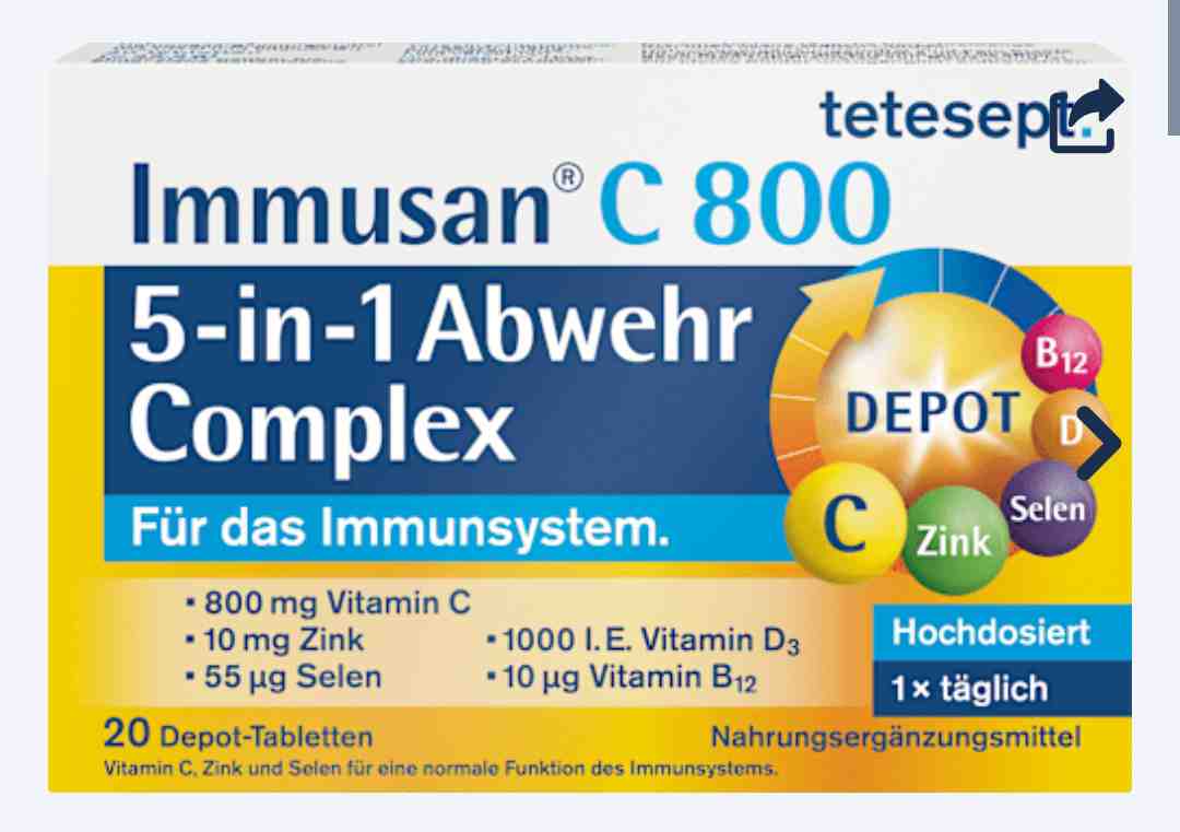 قرص تقویت سیستم ایمنی‌ ایمیونسان C 800 دپوت تتسپت (tetesept Immusan C 800 Depot Complex Tabletten)