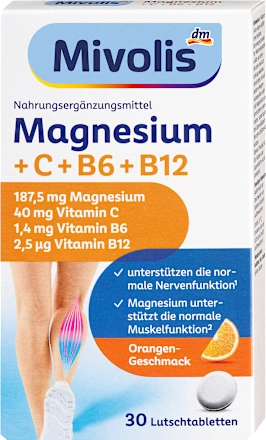 مکمل جویدنی منیزیم + ویتامین C + ویتامین B6 و B12 با طعم پرتقال Mivolis Magnesium + Vitamin C + Vitamin B6 + B12