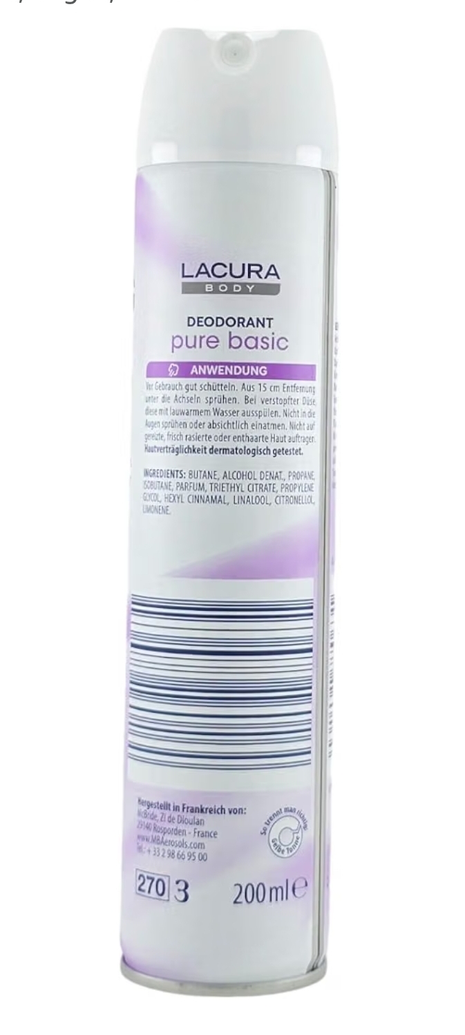 اسپری دئودورانت زنانه لاکورا پیور بیسیک با محافظت ۲۴ ساعته – LACURA BODY Deodorant Pure Basic